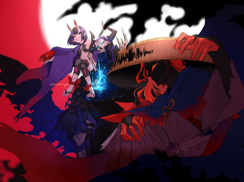 armor bangs bare_shoulders barefoot_sandals black_cloak blue_fire bob_cut breasts cloak cup fate/grand_order fate_(series) fingerless_gloves fire from_side full_moon gloves glowing glowing_eyes hair_over_one_eye hat highres holding holding_weapon horns japanese_clothes k_(chissaiossan) kimono king_hassan_(fate/grand_order) koha-ace long_hair long_sleeves makeup male_focus moon multiple_boys okada_izou_(fate) on_shoulder oni oni_horns open_clothes open_kimono planted_weapon ponytail purple_hair purple_kimono red_background red_eyes redhead revealing_clothes sakazuki scarf short_eyebrows short_hair shuten_douji_(fate/grand_order) skull skull_mask small_breasts smile spikes sword violet_eyes weapon