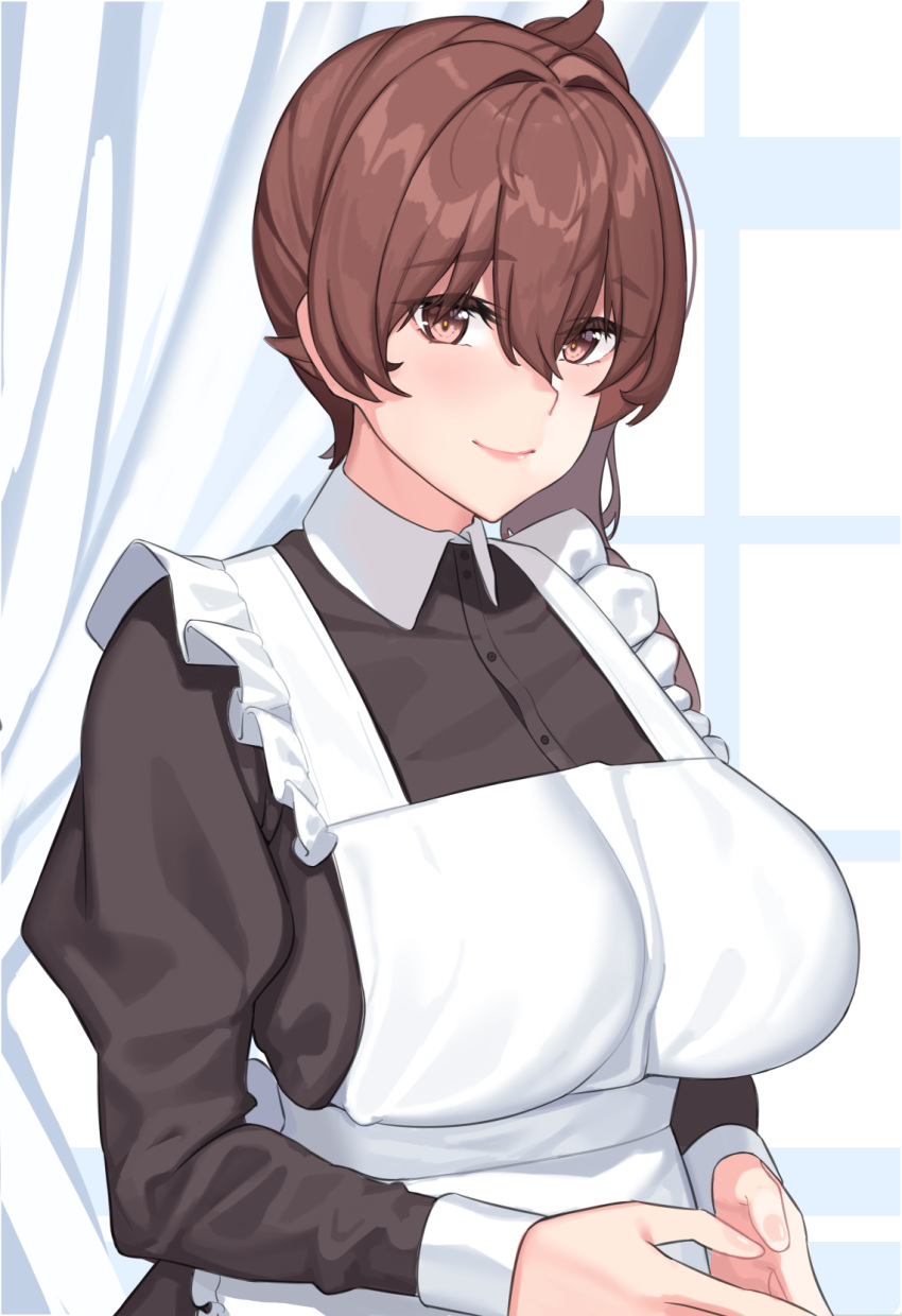 1girl alternate_costume apron black_dress brown_eyes brown_hair dress enmaided franham frilled_apron frills highres kaga_(kantai_collection) kantai_collection long_hair long_sleeves maid puffy_long_sleeves puffy_sleeves short_sidetail side_ponytail smile solo upper_body white_apron