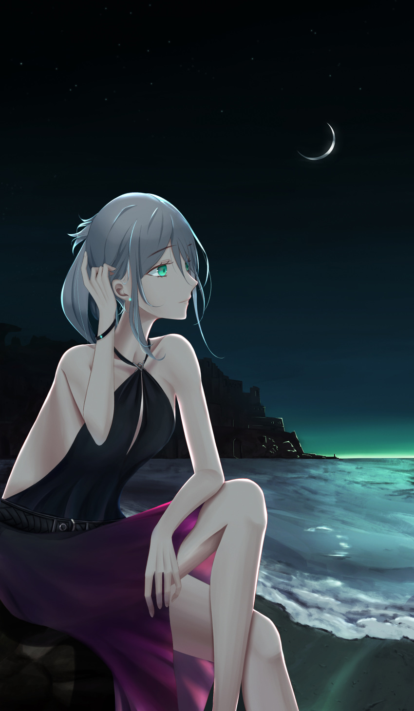 1girl absurdres an-94_(girls_frontline) bare_legs belt black_dress breasts collarbone crossed_legs dress earrings girls_frontline green_eyes hair_ornament hand_in_hair highres jewelry long_hair looking_away moon moonlight night night_sky ocean silver_hair sitting sky solo swallow_zzy water white_hair