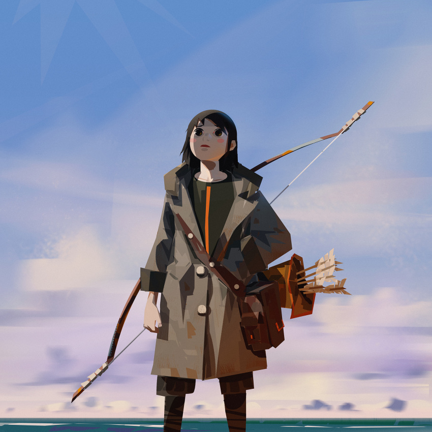 1girl arm_at_side arrow_(projectile) black_hair blush_stickers bow_(weapon) brown_coat brown_eyes buttons clouds cloudy_sky coat commentary english_commentary hand_in_pocket highres long_sleeves looking_up open_mouth original outdoors raised_eyebrows sky solo standing sunburst sunlight weapon yun_ling