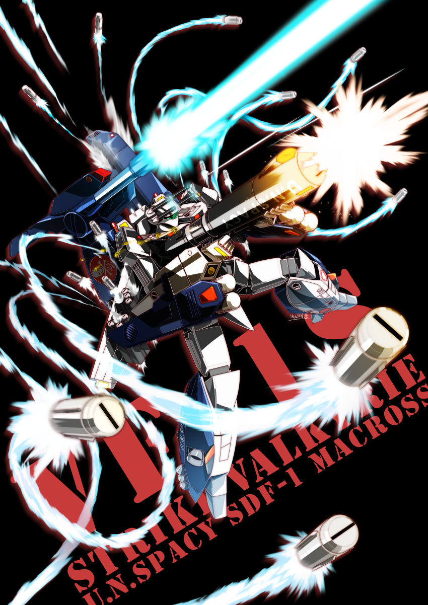 absurdres cannon heyzan highres huge_filesize looking_ahead macross macross:_do_you_remember_love? mecha mechanical_wings missile missile_pod no_humans smoke_trail solo variable_fighter vf-1s visor wings