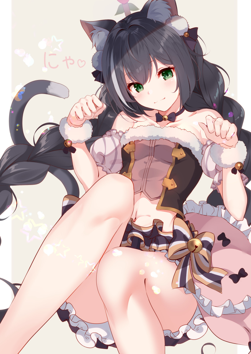 1girl absurdres animal_ear_fluff animal_ears bare_shoulders bell bell_choker black_hair blush braid breasts cat_ears cat_girl cat_tail choker collarbone detached_sleeves fur_trim green_eyes highres jingle_bell karyl_(princess_connect!) kujou_ichiso long_hair looking_at_viewer midriff multicolored_hair paw_pose princess_connect! princess_connect!_re:dive puffy_short_sleeves puffy_sleeves short_sleeves skirt smile solo strapless streaked_hair tail very_long_hair white_hair