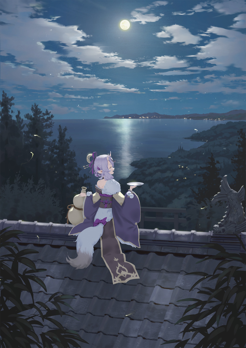 1girl :d ^_^ bangs bare_shoulders bow closed_eyes clouds cloudy_sky commentary_request forest full_moon glowing gourd highres holding holding_tray horizon horns japanese_clothes kimono moon nature night night_sky nijisanji obi ocean oni oni_horns open_mouth outdoors purple_bow purple_hair purple_kimono rindou_mikoto rooftop sash scenery short_eyebrows sitting sky smile solo thick_eyebrows torii tray virtual_youtuber wasabi60 water