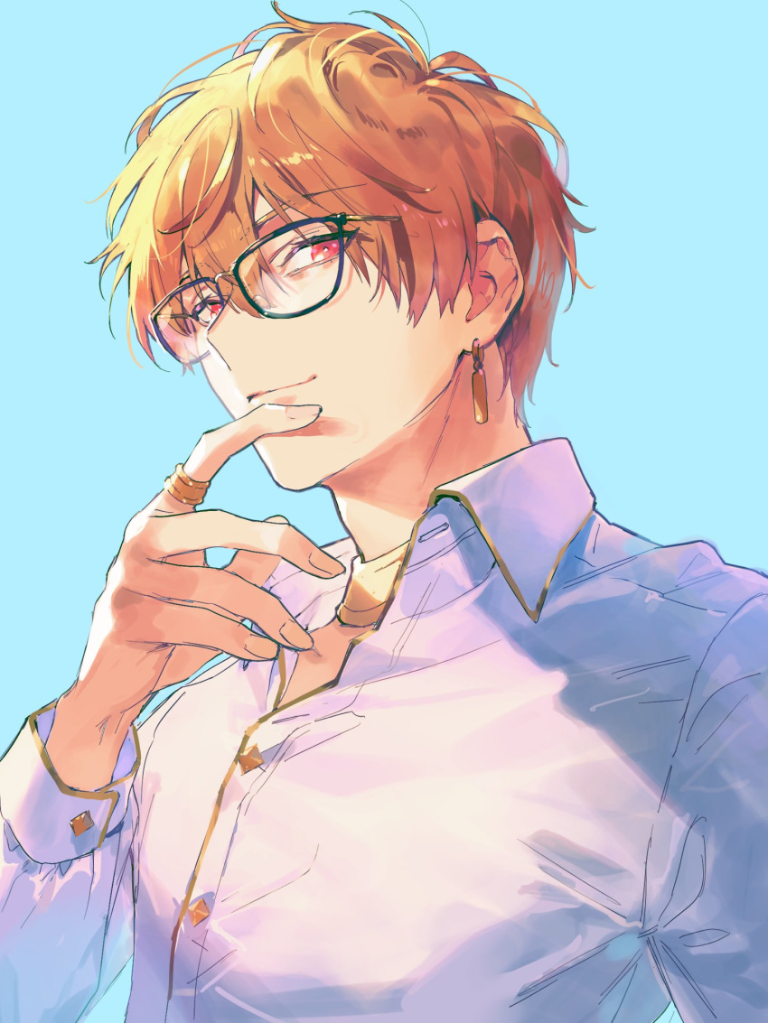 1boy alternate_costume alternate_hairstyle blonde_hair earrings fate/extra fate/extra_ccc fate/grand_order fate/stay_night fate/zero fate_(series) finger_to_mouth gilgamesh gilgamesh_(caster)_(fate) glasses gradient gradient_background gradient_hair highres jewelry male_focus multicolored_hair nangoku_(bikku) necklace red_eyes ring shirt simple_background sky smile solo white_shirt