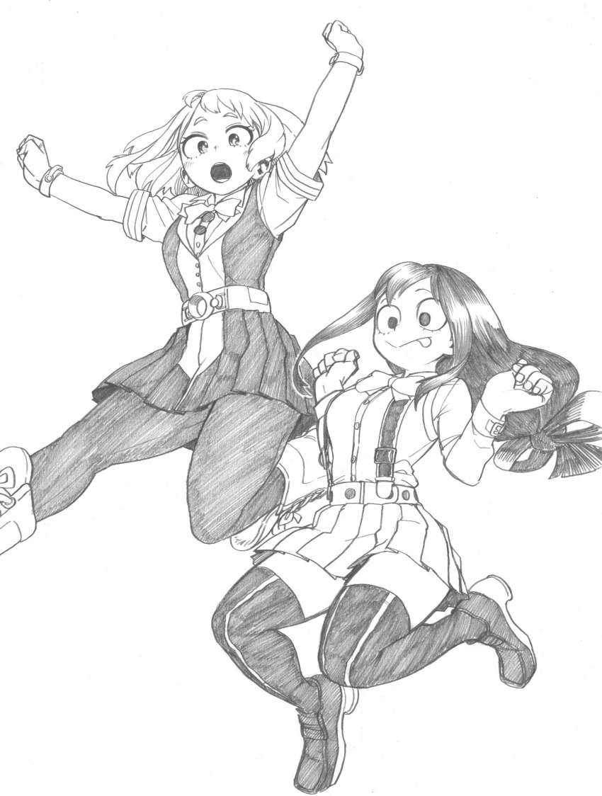 2girls :o \o/ absurdres arms_up asui_tsuyu belt belt_buckle black_legwear blush boku_no_hero_academia boots bow bowtie breasts buckle buttons closed_mouth commentary_request eyebrows_visible_through_hair full_body gloves high_heels highres horikoshi_kouhei jumping long_hair long_sleeves low-tied_long_hair medium_hair monochrome multiple_girls official_art open_mouth outstretched_arms pantyhose pleated_skirt short_sleeves simple_background skirt thigh-highs tongue tongue_out traditional_media uraraka_ochako white_background
