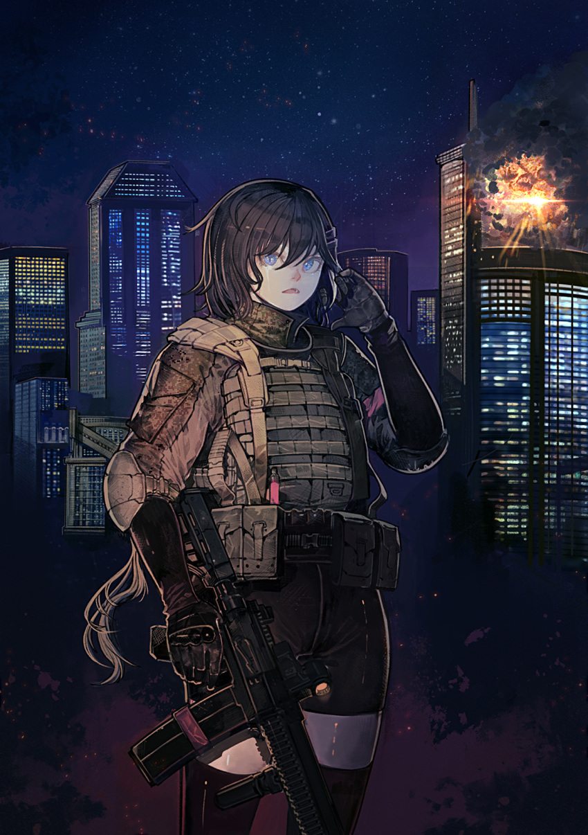 1girl arm_up assault_rifle bangs black_legwear black_shorts black_sleeves blue_eyes brown_vest building bulletproof_vest city collar commentary crying elbow_pads explosion facing_viewer gloves grey_gloves gun hair_between_eyes highres holding holding_gun holding_weapon long_sleeves looking_at_viewer military military_uniform night open_mouth original panda8581 pouch rifle scope short_shorts shorts sky solo standing star_(sky) starry_sky strap tears thigh-highs trigger_discipline uniform upper_body vest weapon