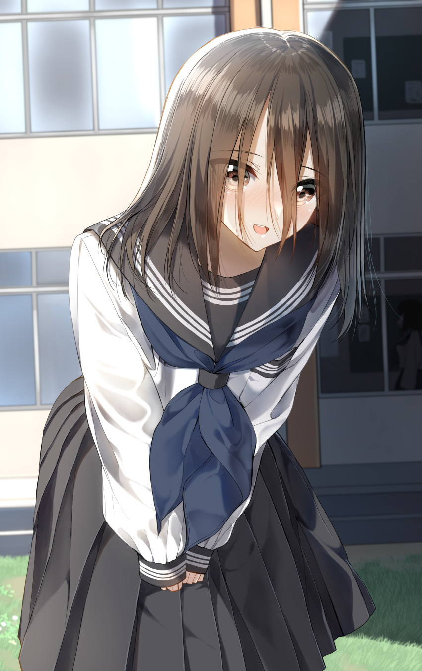 1girl :d absurdres bangs black_hair black_sailor_collar black_skirt blue_neckwear blush brown_eyes building eyebrows_visible_through_hair hair_between_eyes hair_over_one_eye highres leaning_forward long_hair long_sleeves looking_at_viewer neckerchief open_mouth original outdoors pentagon_(railgun_ky1206) pleated_skirt puffy_long_sleeves puffy_sleeves sailor_collar school_uniform serafuku shirt skirt sleeves_past_wrists smile solo standing upper_teeth white_shirt window