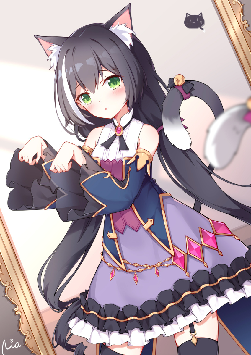 1girl :o absurdres animal_ears bangs bell black_hair blurry blush cat_ears cat_girl cat_tail cowboy_shot depth_of_field detached_sleeves dress eyebrows_visible_through_hair female_pov frilled_dress frilled_sleeves frills garter_straps gem gloves green_eyes highres jingle_bell karyl_(princess_connect!) long_hair long_sleeves looking_at_viewer low_twintails mirror multicolored multicolored_clothes multicolored_dress multicolored_hair parted_lips paw_gloves paws poinia pov princess_connect! princess_connect!_re:dive reflection signature streaked_hair tail tail_bell thigh-highs twintails very_long_hair white_hair zettai_ryouiki