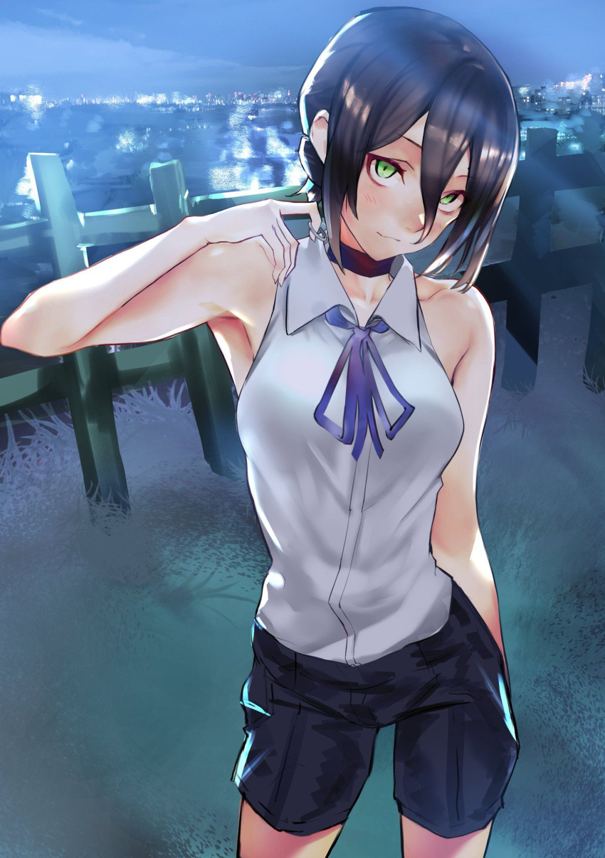 1girl armpits bare_shoulders black_choker black_hair blue_ribbon chainsaw_man choker city fence green_eyes hair_between_eyes hair_bun hand_up highres light_smile looking_at_viewer night reze_(chainsaw_man) ribbon shirt shirt_tucked_in shorts sleeveless sleeveless_shirt smile solo tied_hair