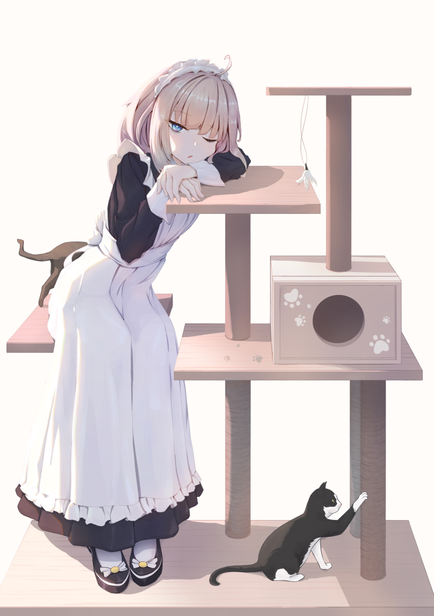 1girl ;o aa-12_(girls_frontline) absurdres animal black_dress black_footwear blonde_hair blue_eyes cat cat_tower dress full_body girls_frontline head_rest highres long_sleeves looking_at_viewer maid maid_headdress one_eye_closed own_hands_together parted_lips short_hair simple_background sitting solo white_background