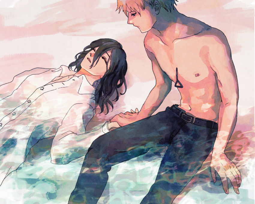 1boy 1girl arm_at_side beach belt black_hair black_pants blonde_hair breasts chainsaw_man collared_shirt denji_(chainsaw_man) hair_between_eyes highres holding_hands interlocked_fingers long_hair long_sleeves looking_at_another looking_to_the_side lying lying_on_water medium_breasts medium_hair no_shirt on_back open_mouth pants reze_(chainsaw_man) sand sensui_n shirt short_hair sitting sleeping small_breasts unbuttoned unbuttoned_shirt unconscious water wet wet_clothes wet_hair wet_shirt white_shirt