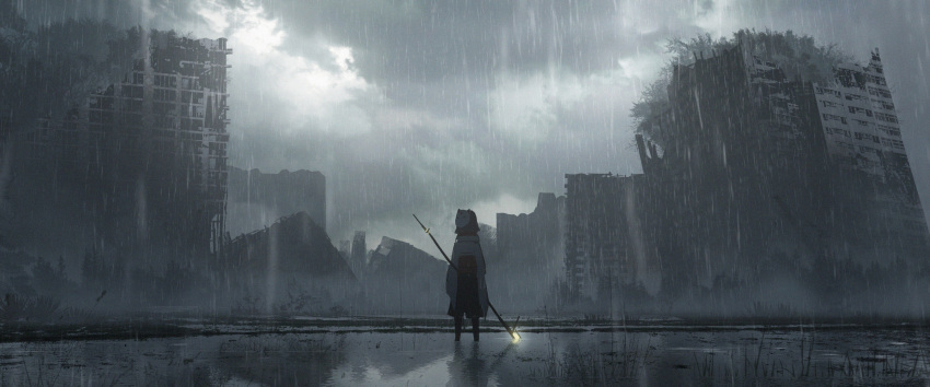 absurdres asteroid_ill building clouds cloudy_sky from_behind glowing grass highres japanese_clothes mask mask_on_head neon_trim original partially_submerged rain ruins scenery sclera_(asteroid_ill) sky standing standing_on_liquid traditional_clothes