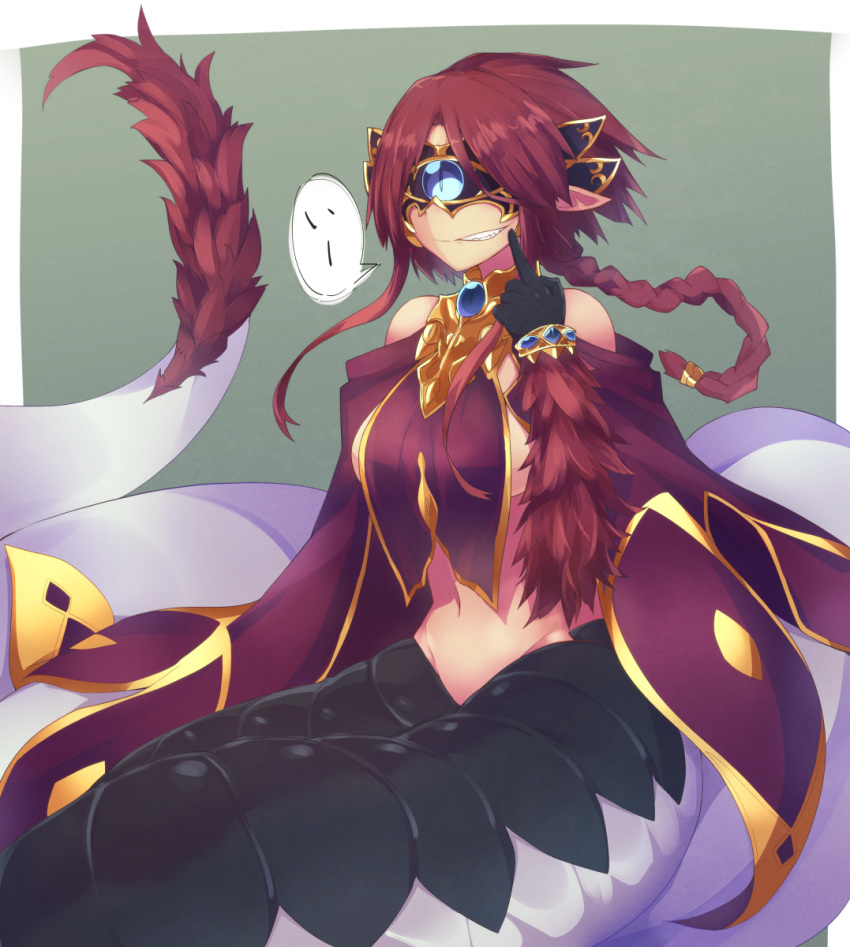 1girl alder bare_shoulders basilisk_(monster_girl_encyclopedia) black_gloves blindfold braid breasts commentary_request feathers finger_to_mouth gloves grin highres jewelry lamia large_breasts long_hair mask monster_girl monster_girl_encyclopedia navel pointy_ears redhead scales sharp_teeth sideboob simple_background single_braid smile solo speech_bubble tail teeth translation_request