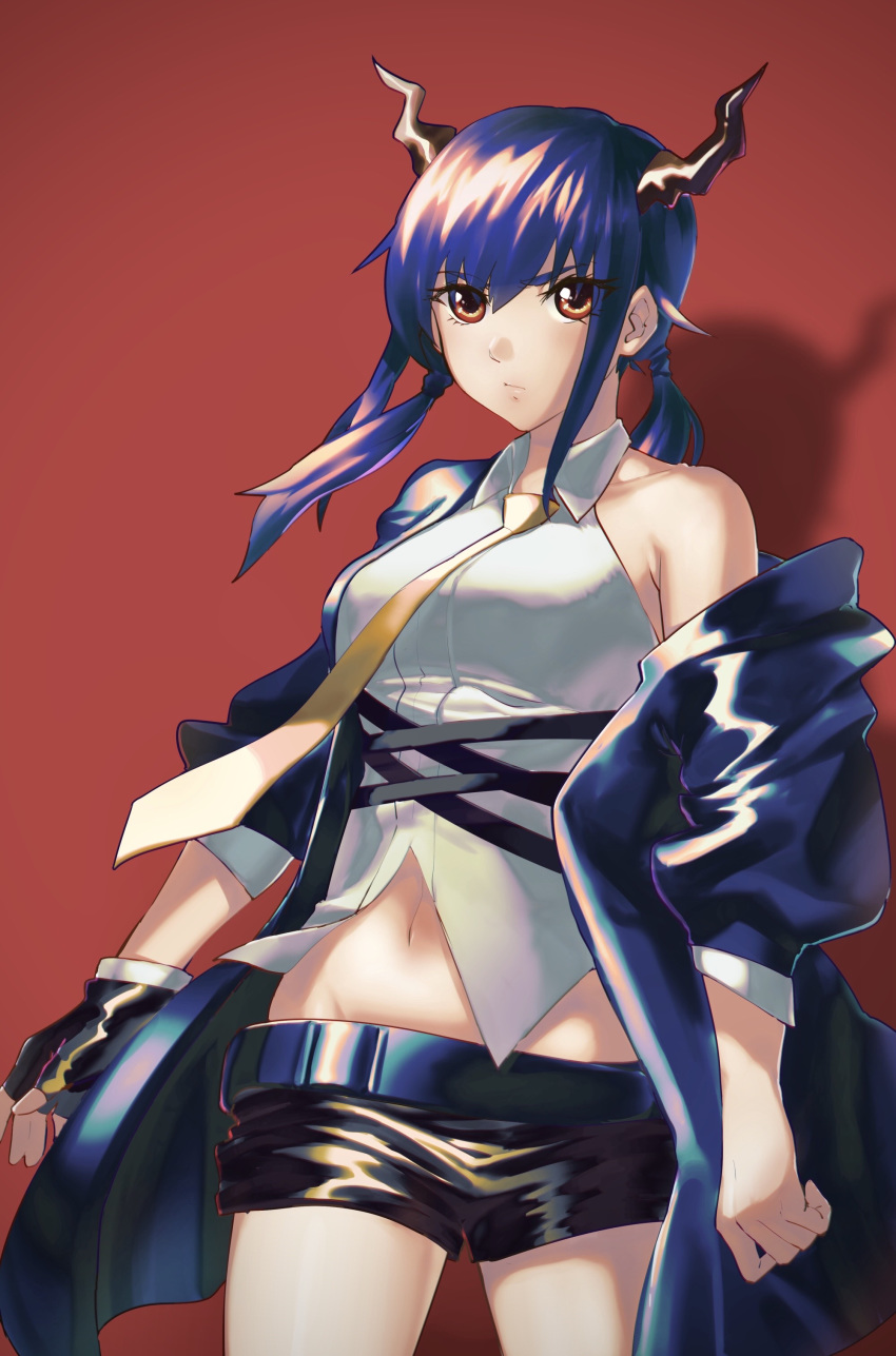 1girl absurdres arknights bangs bare_shoulders black_gloves black_shorts blue_hair blue_jacket breasts brown_eyes ch'en_(arknights) commentary cowboy_shot dragon_horns fingerless_gloves gloves groin hair_between_eyes highres horns jacket ling_luo_xi_yang long_hair long_sleeves looking_at_viewer low_twintails medium_breasts navel off_shoulder red_background shadow shirt short_shorts shorts sidelocks simple_background sleeveless sleeveless_shirt solo standing twintails white_shirt
