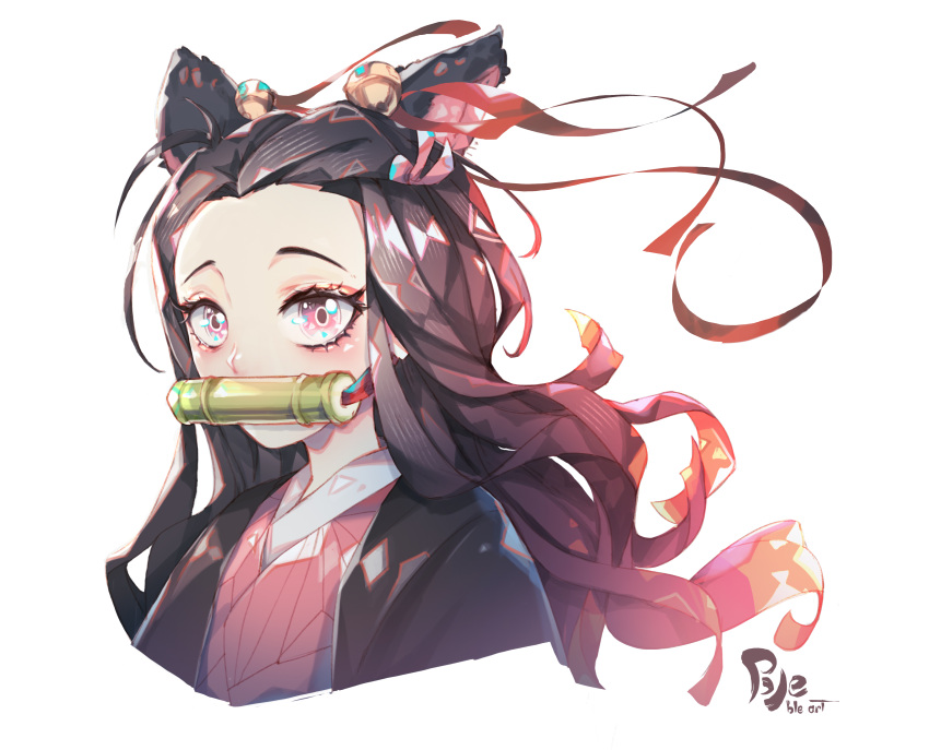 1girl absurdres animal_ears bamboo bell bit_gag black_hair bleble cat_ears commentary cropped_shoulders english_commentary eyelashes floating_hair gag gagged hair_bell hair_ornament haori highres japanese_clothes kamado_nezuko kemonomimi_mode kimetsu_no_yaiba kimono long_hair looking_at_viewer pink_eyes pink_kimono pink_ribbon red_ribbon ribbon simple_background solo white_background