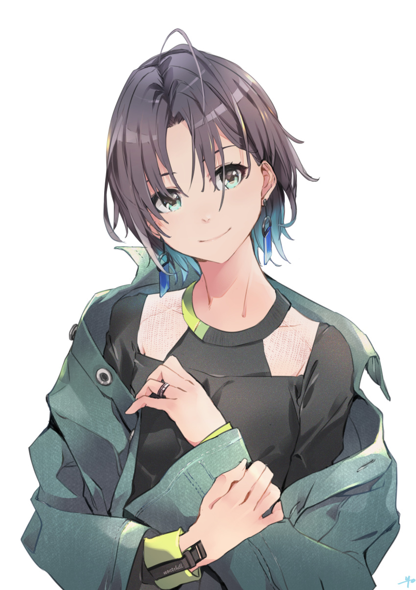 1girl absurdres ahoge aqua_eyes asakura_tooru bangs black_hair black_shirt blue_hair blue_jacket closed_mouth denim denim_jacket earrings eyebrows_visible_through_hair gradient_hair hand_on_own_arm head_tilt highres idolmaster idolmaster_shiny_colors jacket jewelry long_hair long_sleeves multicolored_hair open_clothes open_jacket parted_bangs ring shirt simple_background smile solo upper_body white_background yoshito