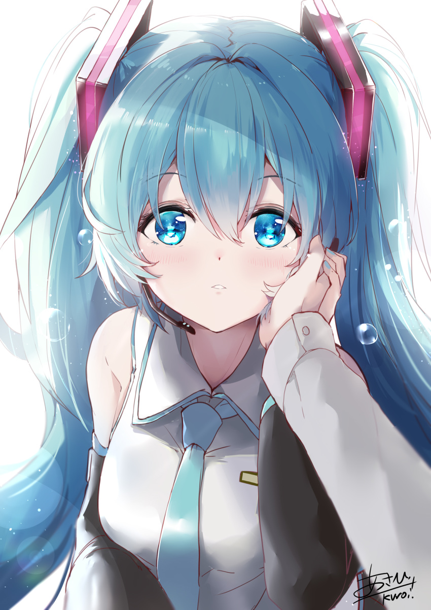 1girl aqua_hair aqua_neckwear blue_eyes blush detached_sleeves eyebrows_visible_through_hair hand_on_another's_cheek hand_on_another's_face hatsune_miku headset highres k.syo.e+ long_hair looking_at_viewer necktie signature simple_background solo_focus twintails upper_body vocaloid white_background