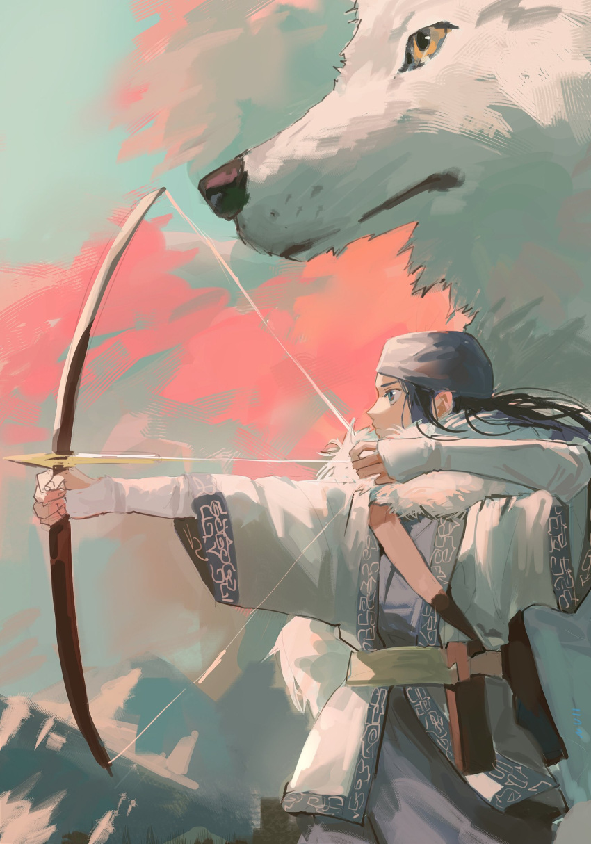 1girl absurdres ainu ainu_clothes arrow_(projectile) asirpa bandana belt black_hair blue_bandana blue_eyes blue_kimono bow_(weapon) cape clouds cowboy_shot drawing_bow fur_cape golden_kamuy highres holding holding_arrow holding_bow_(weapon) holding_weapon jacket japanese_clothes kimono long_hair long_sleeves looking_to_the_side mountain multicolored_sky null_(skev7724) profile retar shirt sky solo_focus very_long_hair weapon white_jacket white_shirt white_wolf