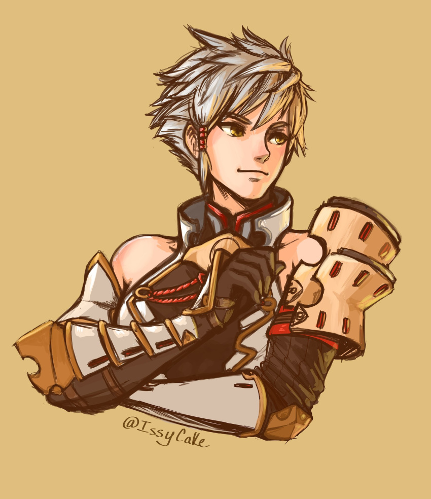 1boy adel_orudou armor bare_shoulders english_commentary gloves highres issycake looking_afar male_focus pauldrons short_hair silver_hair simple_background solo tan_background twitter_username upper_body xenoblade_(series) xenoblade_2 xenoblade_2:_ogon_no_kuri_ira yellow_eyes