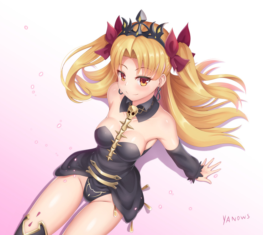 1girl absurdres bangs black_dress black_legwear blonde_hair blush bow breasts collarbone commentary_request detached_acollar dress earrings ereshkigal_(fate/grand_order) eyebrows_visible_through_hair fate/grand_order fate_(series) from_above hair_bow hair_ribbon highres jewelry long_hair looking_at_viewer parted_bangs red_eyes ribbon sitting skull smile solo tiara two_side_up very_long_hair yanows