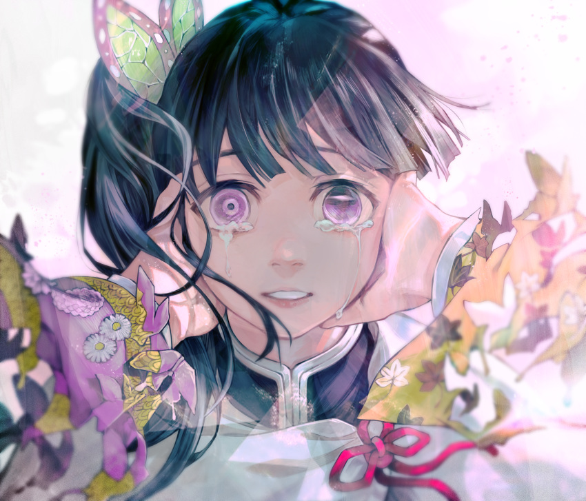 1girl absurdres asymmetrical_eyes bangs black_hair bug butterfly butterfly_hair_ornament cloak crying crying_with_eyes_open dissolving_clothes floating_hair flower hair_ornament hands_on_another's_cheeks hands_on_another's_face highres huge_filesize insect kimetsu_no_yaiba kyuuba_melo leaf_cutout long_hair long_sleeves looking_at_viewer out_of_frame parted_lips pink_background portrait pov pov_hands side_ponytail solo_focus streaming_tears tears tsuyuri_kanao violet_eyes white_cloak white_flower