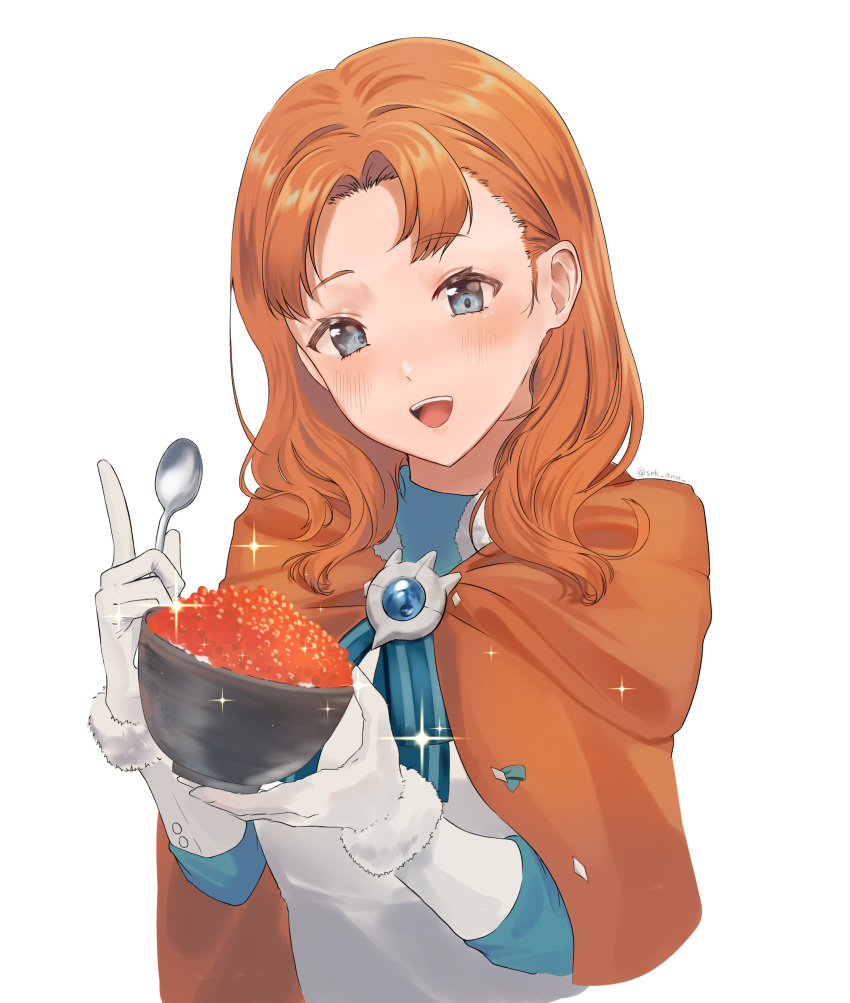 1girl :d absurdres annette_fantine_dominic bangs blue_eyes blush bowl cape eyebrows_visible_through_hair fire_emblem fire_emblem:_three_houses food fur-trimmed_gloves fur_trim gloves highres holding holding_bowl holding_spoon index_finger_raised long_hair looking_at_viewer niko_(aiai03012) open_mouth orange_cape orange_hair parted_bangs simple_background smile solo sparkle spoon upper_body white_background white_gloves