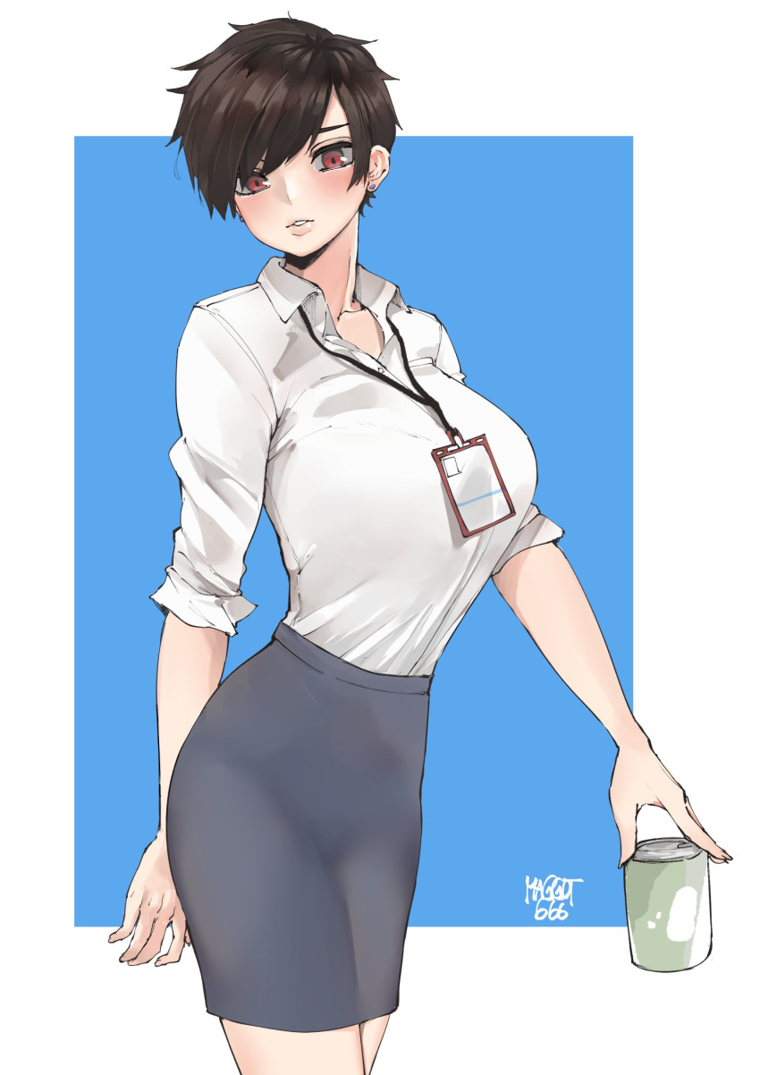 1girl black_hair blue_background breasts can collared_shirt cowboy_shot earrings head_tilt highres holding holding_can id_card jewelry large_breasts looking_at_viewer norman_maggot office_lady olive_laurentia original pencil_skirt polo_shirt red_eyes shirt short_hair skirt soda_can solo white_shirt