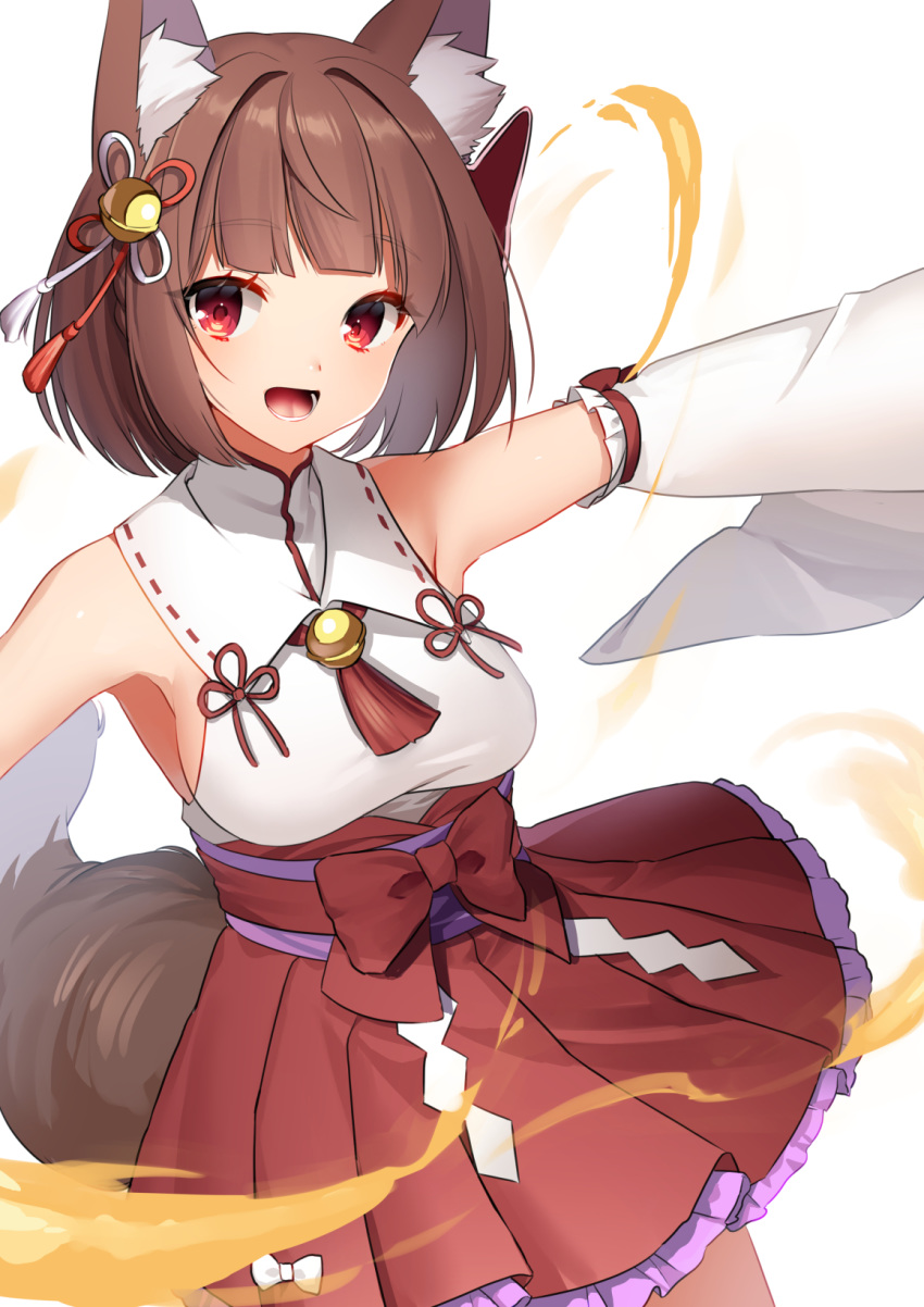 1girl :d animal_ear_fluff animal_ears bangs bell blunt_bangs bow breasts brown_hair character_request copyright_request eyebrows_visible_through_hair fire fox_ears fox_girl fox_tail hair_bell hair_ornament highres jingle_bell long_sleeves looking_at_viewer medium_breasts mizuki_eiru_(akagi_kurage) nontraditional_miko open_mouth outstretched_arms petticoat pleated_skirt red_bow red_eyes red_skirt ribbon_trim sash shirt short_hair skirt sleeveless sleeveless_shirt smile solo tail white_shirt wide_sleeves