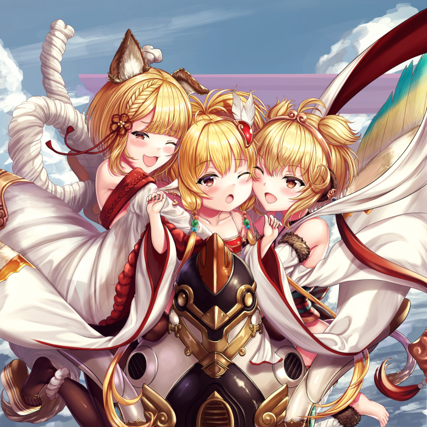3girls ;d ;o ahoge andira_(granblue_fantasy) animal_ear_fluff animal_ears ankle_scrunchie bangs bare_shoulders barefoot beads black_legwear blonde_hair blunt_bangs blush braid brown_eyes chinese_commentary clouds collarbone commentary_request detached_sleeves dog_ears dog_girl dog_tail erune eyebrows_visible_through_hair fangs feathers girl_sandwich granblue_fantasy hagoromo hair_beads hair_feathers hair_ornament hairband harvin highres hug love_makira mahira_(granblue_fantasy) monkey_ears monkey_girl monkey_tail multiple_girls one_eye_closed open_mouth pantyhose partial_commentary rope sandwiched scrunchie shawl shimenawa short_hair smile tail twintails two_side_up vajra_(granblue_fantasy) white_scrunchie wide_sleeves