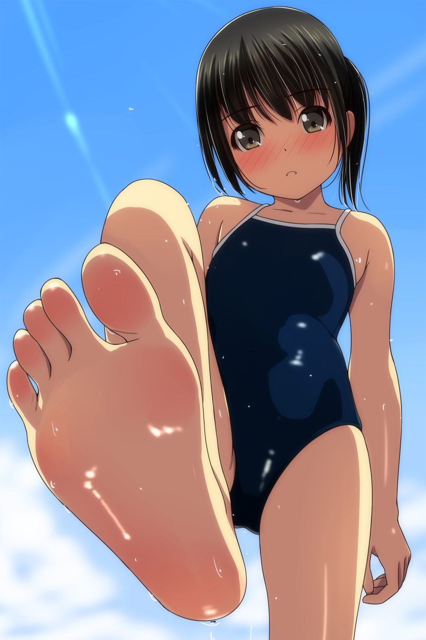 1girl absurdres bangs bare_arms bare_legs bare_shoulders barefoot black_hair blue_sky blue_swimsuit blush brown_eyes clouds collarbone day eyebrows_visible_through_hair feet hair_between_eyes highres legs matsunaga_kouyou new_school_swimsuit nose_blush one-piece_swimsuit original outdoors parted_lips school_swimsuit short_hair sky soles solo standing standing_on_one_leg swimsuit wet