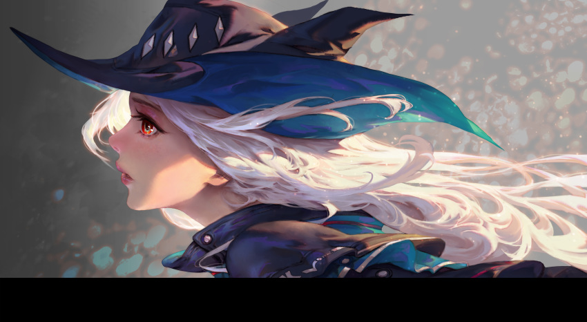 1girl arknights commentary_request face frills hat highres long_hair looking_away open_mouth red_eyes simple_background skadi_(arknights) solo tagme train_hb upper_body white_hair