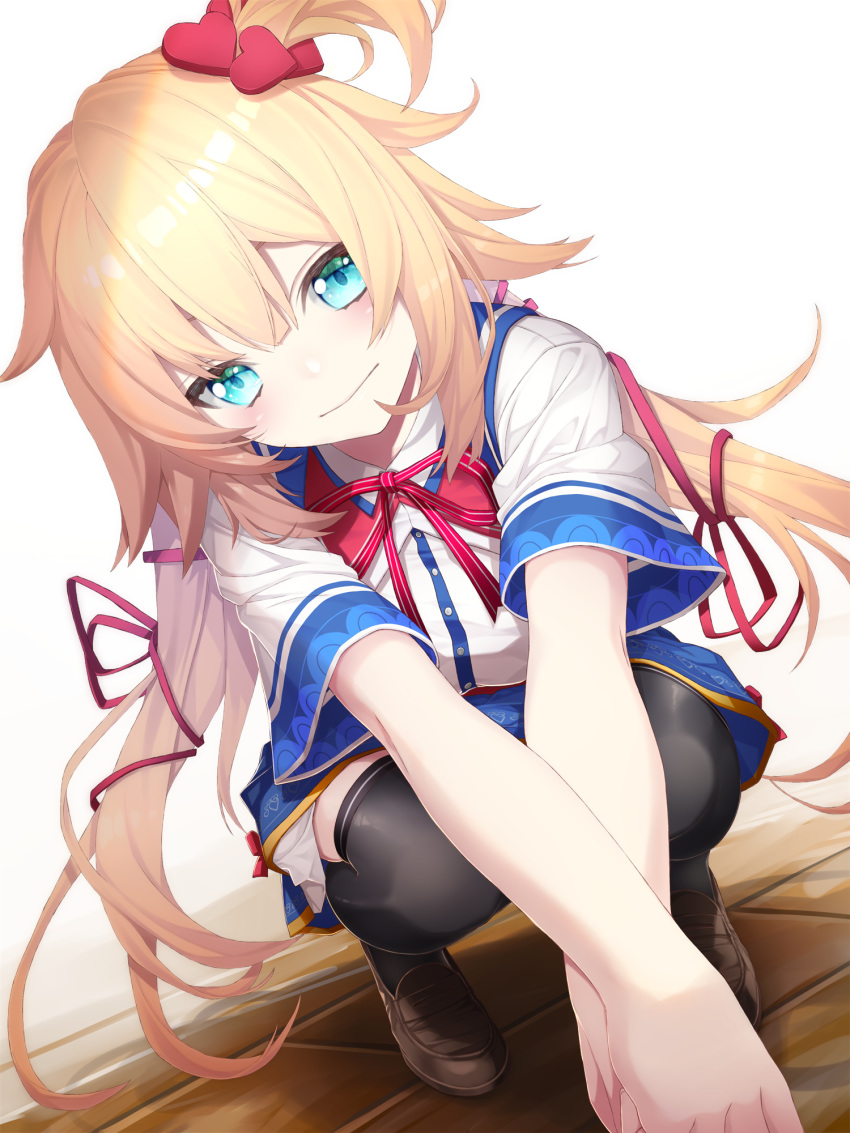1girl akai_haato black_legwear blonde_hair blue_eyes blue_skirt blush breasts brown_footwear closed_mouth commentary dutch_angle fenrir_(fenlil0316) foreshortening full_body hair_between_eyes hair_ornament hair_ribbon hands_together head_tilt heart heart_hair_ornament highres hololive light_smile long_hair looking_at_viewer medium_breasts neck_ribbon outstretched_arms red_ribbon ribbon shirt shoes short_sidetail short_sleeves simple_background skirt smile solo squatting thigh-highs thighs virtual_youtuber white_background white_shirt zettai_ryouiki