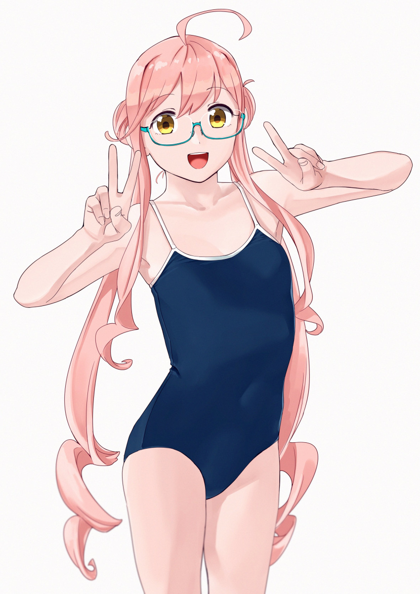 1girl absurdres ahoge alternate_costume aqua-framed_eyewear blue_swimsuit collarbone competition_school_swimsuit double_bun double_v flat_chest glasses highres kantai_collection long_hair looking_at_viewer makigumo_(kantai_collection) ojipon pink_hair school_swimsuit simple_background smile solo standing swimsuit twintails v white_background yellow_eyes