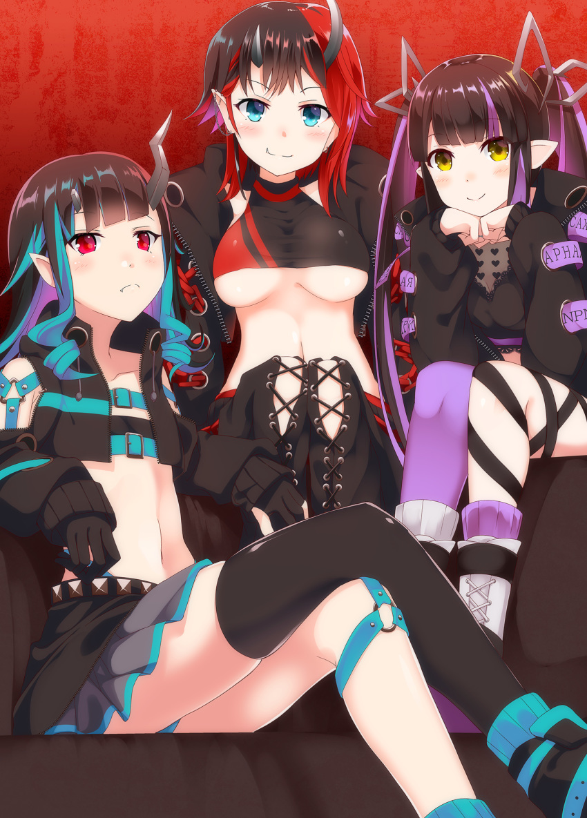 3girls aqua_hair aqua_legwear asymmetrical_legwear black_coat black_hair black_skirt blue_eyes blush boots breasts closed_mouth coat crop_top demon_girl demon_horns highres horns kojou_anna looking_at_viewer midriff miniskirt multicolored_hair multiple_girls navel open_clothes open_coat purple_hair purple_legwear red_background red_eyes redhead ryuugasaki_rene sch shishiou_chris short_hair single_thighhigh sitting skirt smile streaked_hair sugar_lyric thigh-highs two-tone_hair under_boob virtual_youtuber yellow_eyes