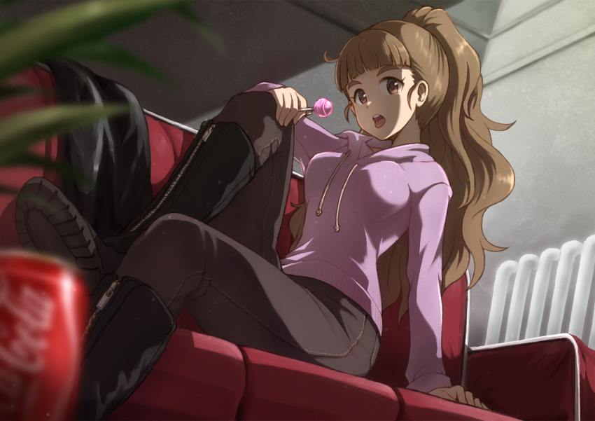 1girl black_footwear black_jacket black_pants boots breasts brown_eyes brown_hair can candy coca-cola commentary_request couch denim food from_below high_ponytail highres holding_lollipop hood hood_down idolmaster idolmaster_cinderella_girls jacket jacket_removed jeans kamiya_nao lollipop long_hair looking_at_viewer medium_breasts open_mouth pants pink_hoodie ponytail satomura_kyou sitting soda_can solo very_long_hair wavy_hair