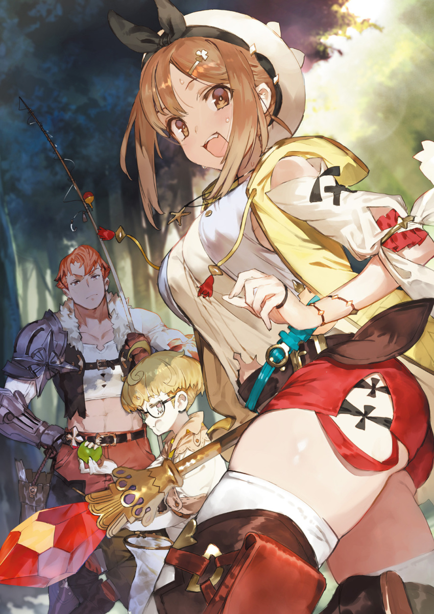1girl 2boys apple ass atelier_(series) atelier_ryza blonde_hair braid brown_eyes brown_hair eating fishing_rod food fruit glasses hair_ornament hair_ribbon hairclip hat highres holster hooded_vest jewelry lent_marslink long_hair looking_at_another looking_at_viewer multiple_boys necklace official_art open_mouth outdoors pouch pout red_shorts redhead reisalin_stout ribbon short_hair short_shorts shorts shoulder_armor skindentation tao_mongarten thigh-highs thigh_holster thighhighs_under_boots toridamono white_legwear