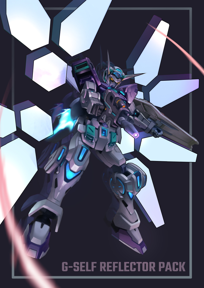 absurdres afterimage beam_rifle brayanong999 character_name clenched_hand energy_gun g-self grey_background gun gundam gundam_g_no_reconguista highres holding holding_gun holding_weapon mecha mechanical_wings no_humans solo weapon wings