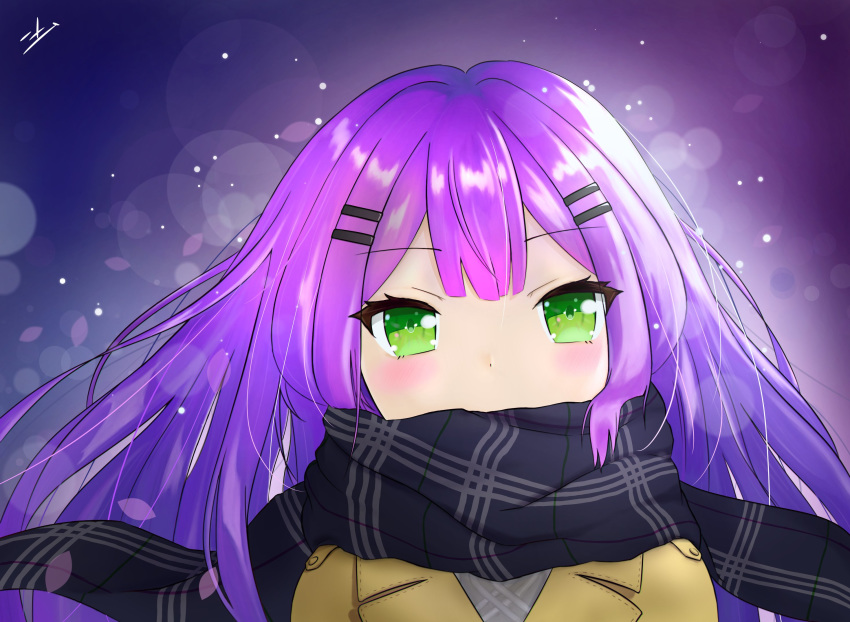 1girl blush commentary covered_mouth eyebrows_visible_through_hair green_eyes hair_ornament hairclip highres nihm purple_hair scarf scarf_over_mouth signature tokoyami_towa virtual_youtuber