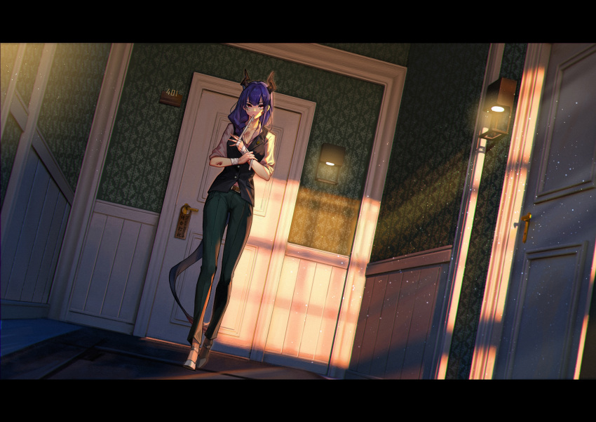 1girl apartment arknights bandaged_arm bandages belt black_pants blue_hair ch'en_(arknights) door douwo_mkd dragon_girl dragon_horns dragon_tail dutch_angle green_pants hallway highres horns hotel indoors injury letterboxed light_particles long_hair looking_at_viewer mouth_hold pants red_eyes room shirt shoes skinny sleeves_pushed_up solo tail vest wainscoting walking wallpaper_(object) white_footwear white_shirt wide_shot