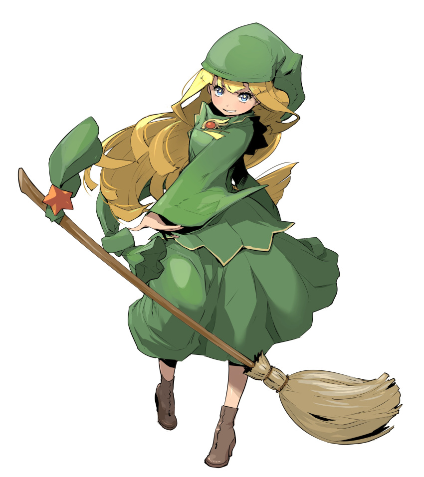 1girl absurdres blonde_hair blue_eyes breasts broom character_request dress enami_katsumi hat highres long_hair looking_at_viewer open_mouth simple_background smile solo white_background witch witch_hat