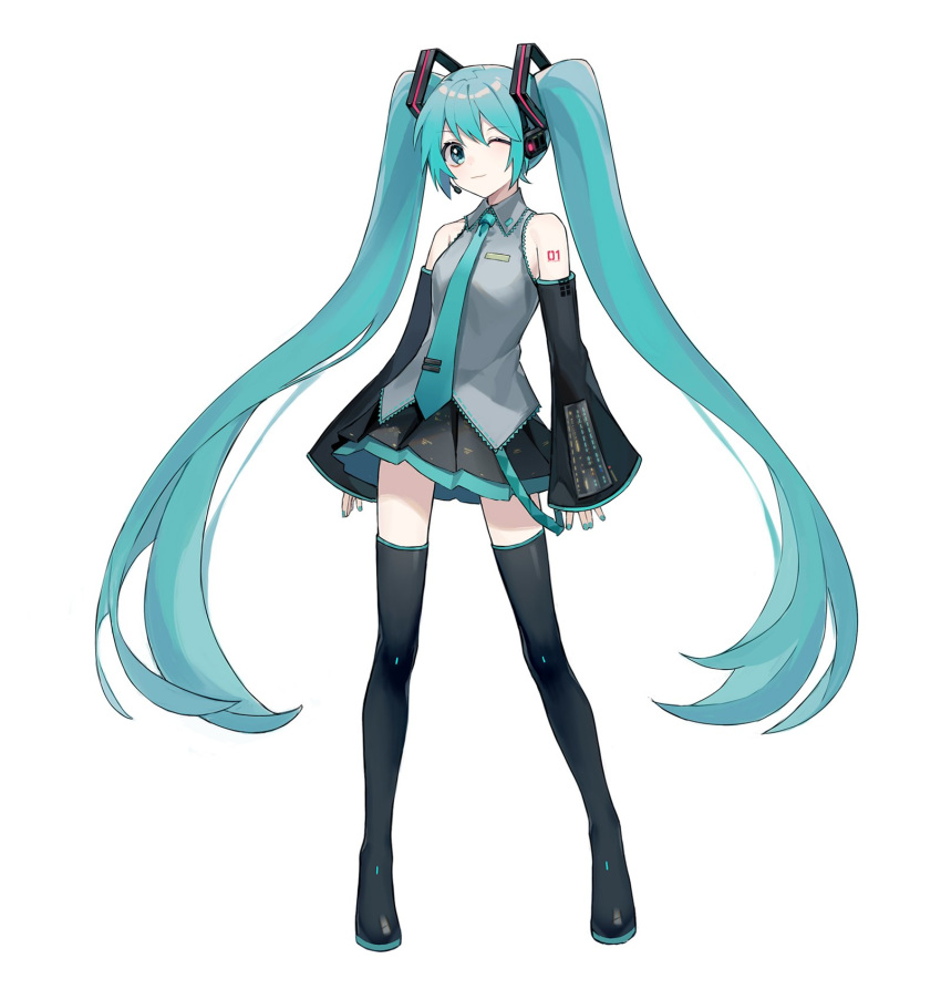 1girl aqua_eyes aqua_hair aqua_nails aqua_neckwear bare_shoulders belt black_legwear black_skirt black_sleeves commentary derivative_work detached_sleeves full_body grey_shirt hair_ornament hatsune_miku headphones headset heridy highres long_hair looking_at_viewer miniskirt nail_polish necktie one_eye_closed pleated_skirt shirt shoulder_tattoo skirt sleeveless sleeveless_shirt sleeves_past_wrists smile standing tattoo thigh-highs twintails very_long_hair vocaloid vocaloid_boxart_pose white_background zettai_ryouiki