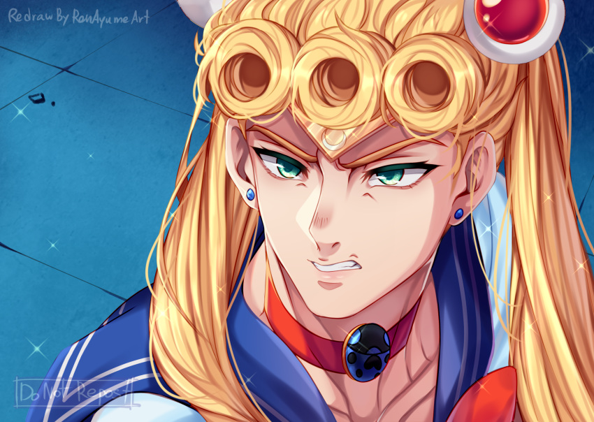 1boy araki_hirohiko_(style) artist_name bishoujo_senshi_sailor_moon blonde_hair blue_sailor_collar braid bug choker clenched_teeth collarbone colored_eyelashes cosplay crescent derivative_work diadem double_bun earrings frown giorno_giovanna green_eyes hair_ornament hair_over_shoulder highres insect jewelry jojo_no_kimyou_na_bouken ladybug looking_to_the_side male_focus manly meme muscle parody pendant_choker reflective_eyes ren_ayume sailor_collar sailor_moon sailor_moon_(cosplay) sailor_moon_redraw_challenge sailor_senshi sailor_senshi_uniform screencap_redraw serious shiny shiny_hair sparkle stud_earrings style_parody teeth twintails vento_aureo