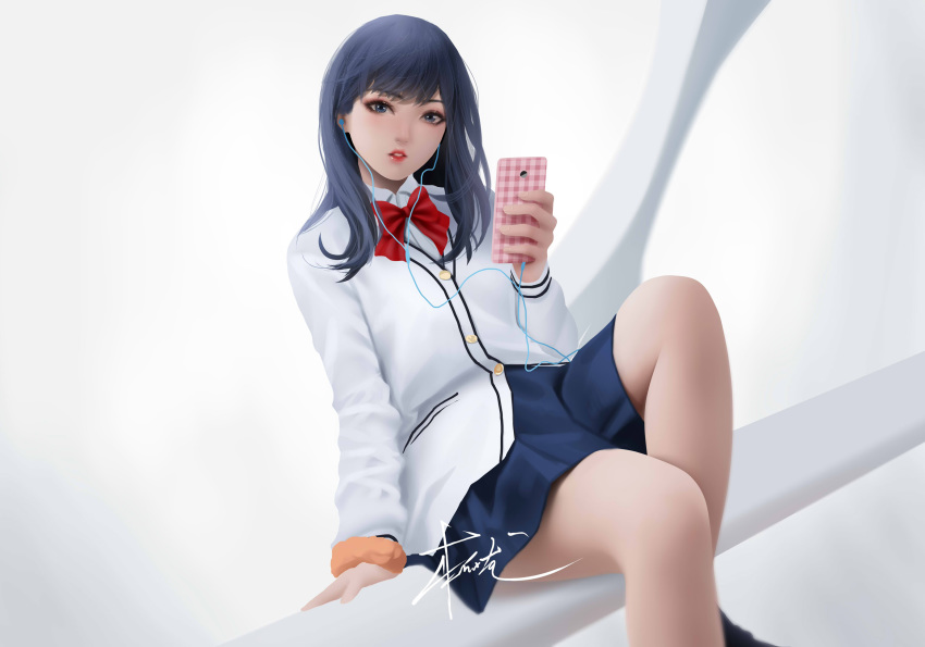 1girl bangs black_eyes black_hair blue_skirt bow digital_media_player dutch_angle earphones highres lips long_hair looking_at_viewer orange_scrunchie parted_lips red_bow scrunchie signature sitting skirt solo ssss.gridman swept_bangs takarada_rikka white_cardigan wrist_scrunchie zyl