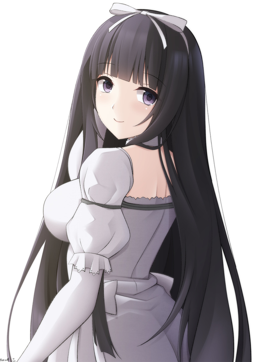 1girl aoki_hagane_no_arpeggio backless_dress backless_outfit bangs black_hair blunt_bangs blush bow breasts closed_mouth commission dress eyebrows_visible_through_hair from_behind hair_bow hairband highres keenh large_breasts long_hair looking_at_viewer looking_back puffy_short_sleeves puffy_sleeves short_sleeves signature simple_background smile solo very_long_hair violet_eyes white_background white_bow white_dress white_hairband yamato_(aoki_hagane_no_arpeggio)