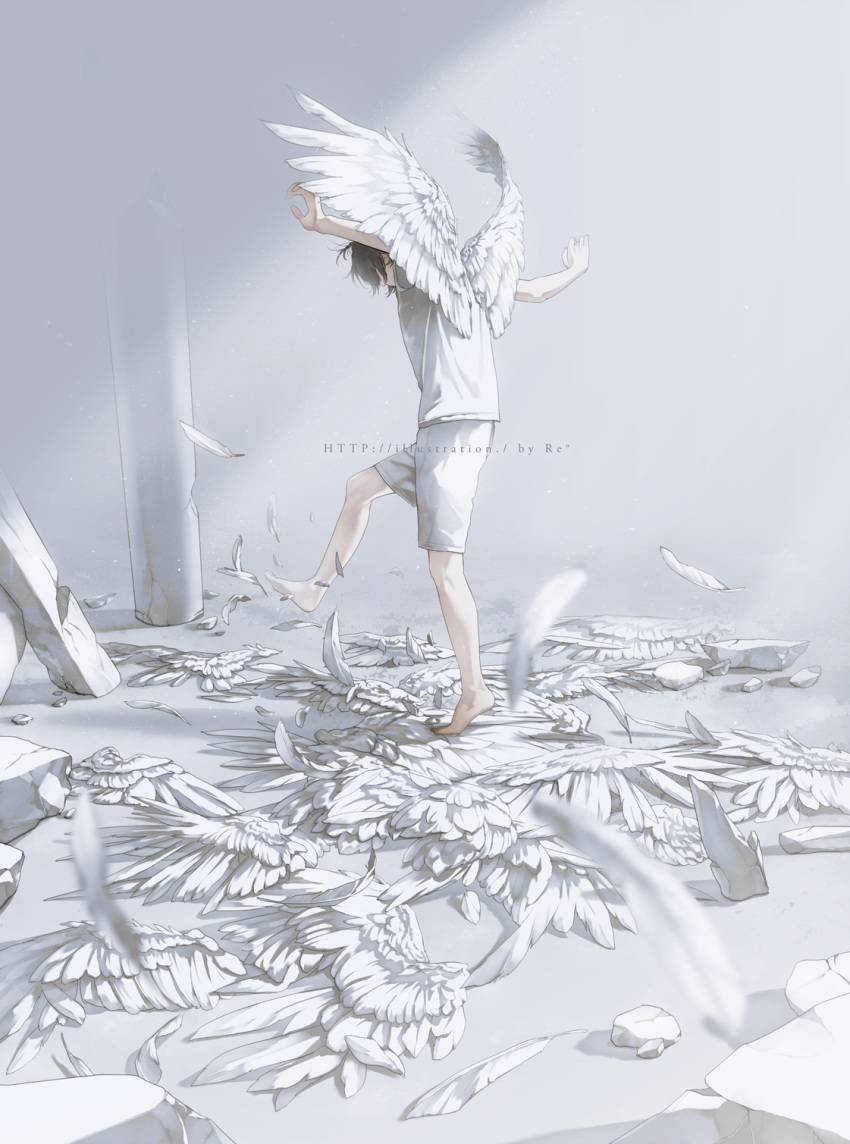 1boy arms_up brown_hair feathered_wings feathers full_body highres male_focus original rido_(ridograph) shirt short_hair shorts solo standing standing_on_one_leg white_shirt white_shorts white_wings wings