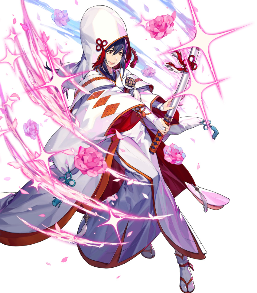 1girl alternate_costume blue_hair brown_eyes cape fire_emblem fire_emblem_fates fire_emblem_heroes flower full_body highres hood japanese_clothes katana kimono long_hair noy oboro_(fire_emblem) official_art open_mouth sandals solo sparkle sword teeth transparent_background weapon