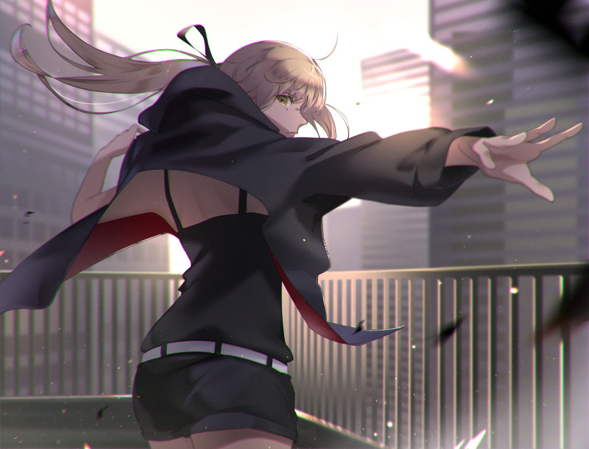 1girl absurdres ahoge artoria_pendragon_(all) backlighting belt black_jacket black_ribbon black_shirt blonde_hair closed_mouth dust_particles fate/stay_night fate_(series) floating_hair from_behind hair_ribbon highres hood hood_down hooded_jacket huge_filesize jacket jet_black_king_of_knights_ver._shinjuku_1999 long_hair looking_at_viewer looking_back oekaki_taro open_clothes open_jacket outdoors outstretched_arm outstretched_hand profile ribbon saber_alter shiny shiny_hair shirt shoulder_blades sleeveless sleeveless_shirt solo white_belt yellow_eyes