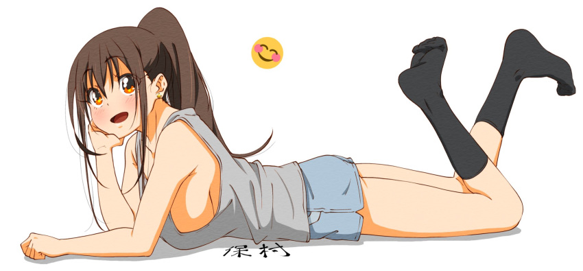 1girl :d bangs black_footwear black_legwear blue_shorts blush breasts brown_eyes brown_hair commentary_request earrings eyebrows_visible_through_hair grey_tank_top hair_between_eyes hand_on_own_cheek high_ponytail highres homura_minori jewelry large_breasts legs_up long_hair lying on_stomach open_mouth original shorts sideboob sidelocks smile smiley_face tank_top thighs
