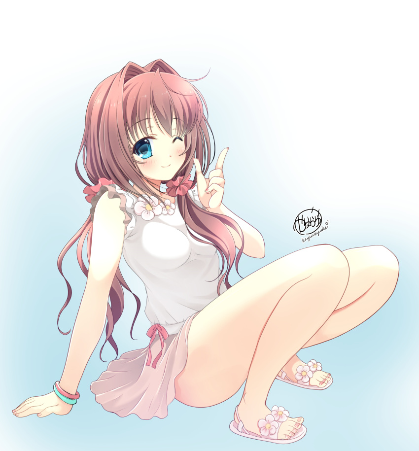 1girl absurdres artist_name asakura_otome blue_background blue_eyes blush breasts brown_hair commentary_request da_capo da_capo_ii eyebrows_visible_through_hair frilled_sleeves frills gradient gradient_background hair_between_eyes hair_intakes highres kayura_yuka looking_at_viewer low_twintails one_eye_closed pink_skirt sandals scrunchie shirt signature simple_background skirt sleeveless sleeveless_shirt small_breasts smile solo twintails white_background white_shirt