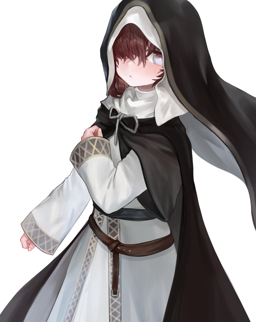 1girl black_cloak blue_eyes blush brown_hair character_request cloak closed_mouth commentary_request dark_souls dokomon hair_over_one_eye highres korean_commentary long_sleeves looking_at_viewer simple_background sleeves_past_wrists solo souls_(from_software) standing veil white_background white_robe